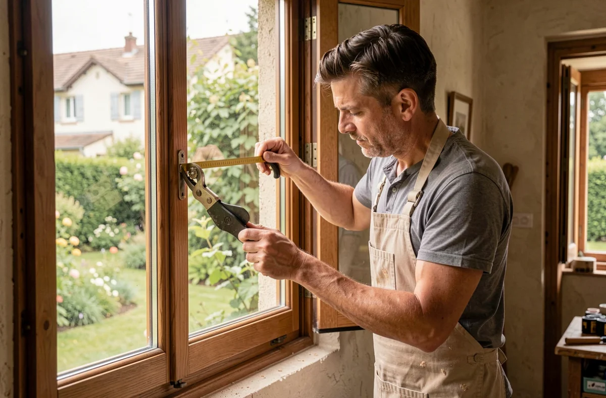 Menuisier de A Marc Menuiserie ajustant avec précision un cadre de fenêtre en chêne massif sur une maison de banlieue en Haute-Garonne