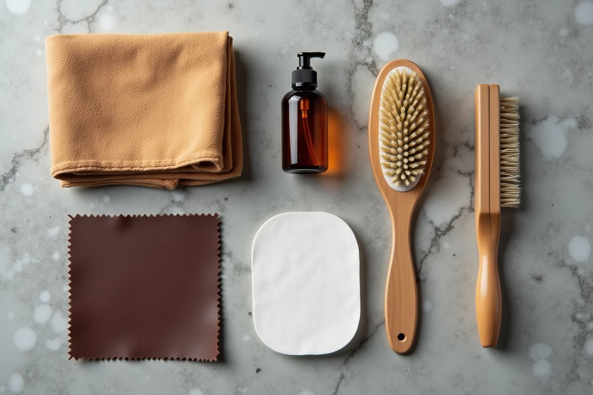 Accessoires pour nettoyer le cuir aniline : chiffon chamois, brosse, nettoyant neutre et échantillon de cuir