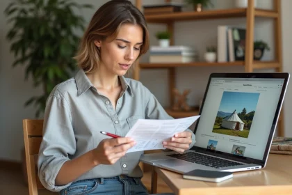 Femme consultant un site de vente de yourtes sur son ordinateur portable avec des documents imprimés sur un bureau en bois