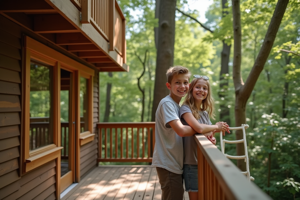 Adolescents fiers sur la terrasse de leur cabane dans les arbres