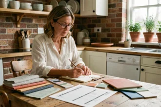 Femme planifiant l'aménagement de sa maison avec des échantillons de matériaux et un budget imprimé sur une table en bois
