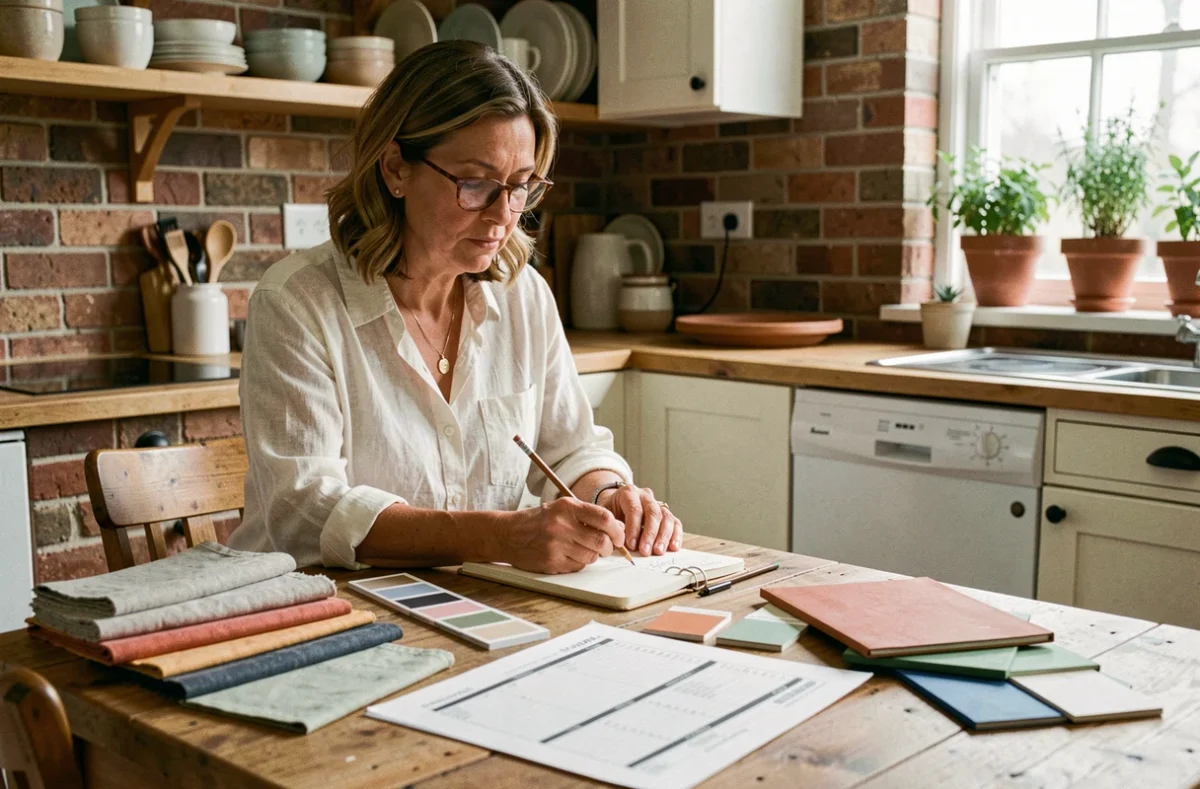 Femme planifiant l'aménagement de sa maison avec des échantillons de matériaux et un budget imprimé sur une table en bois