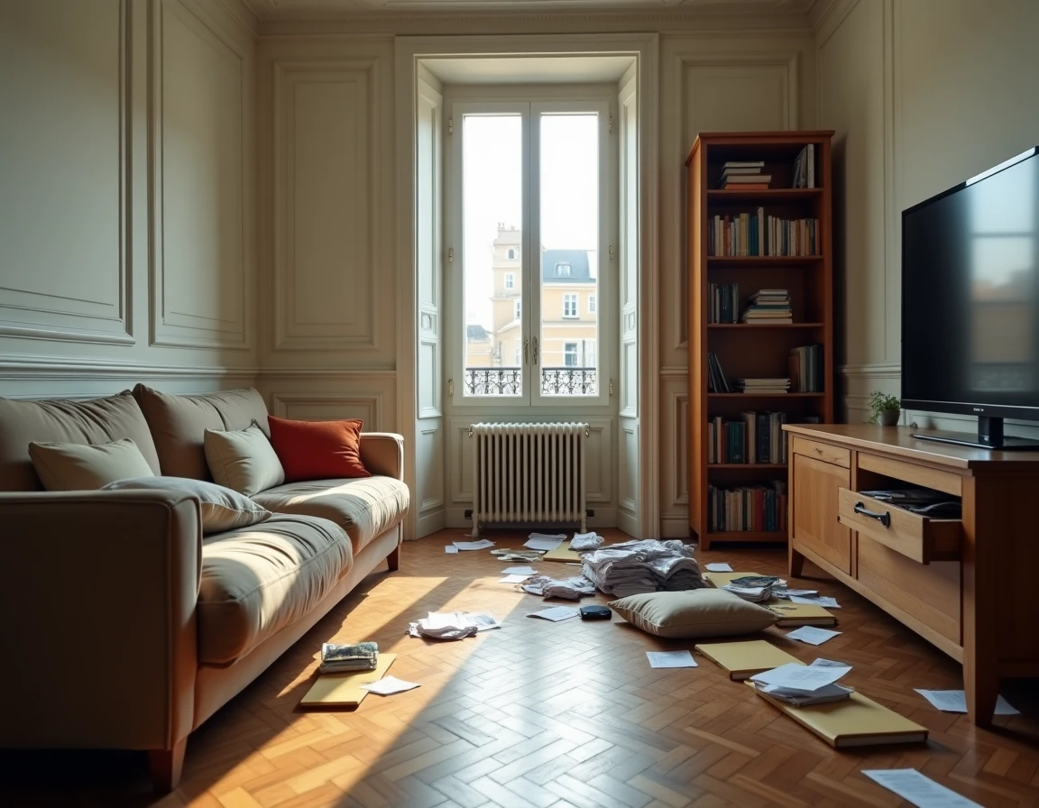 Intérieur d'un appartement cambriolé avec tiroirs ouverts et objets renversés pour illustrer le vol et les garanties MACIF