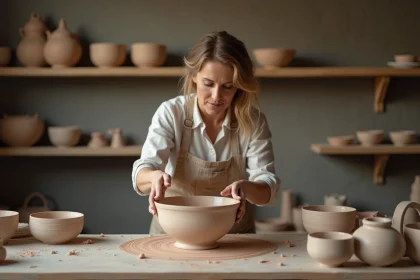 Potière appliquant un émail céramique sur un bol en grès cru à l'aide d'un pinceau plat dans un atelier de poterie artisanal