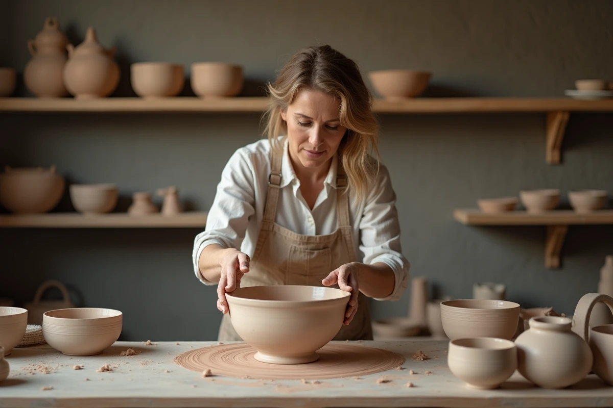 Potière appliquant un émail céramique sur un bol en grès cru à l'aide d'un pinceau plat dans un atelier de poterie artisanal