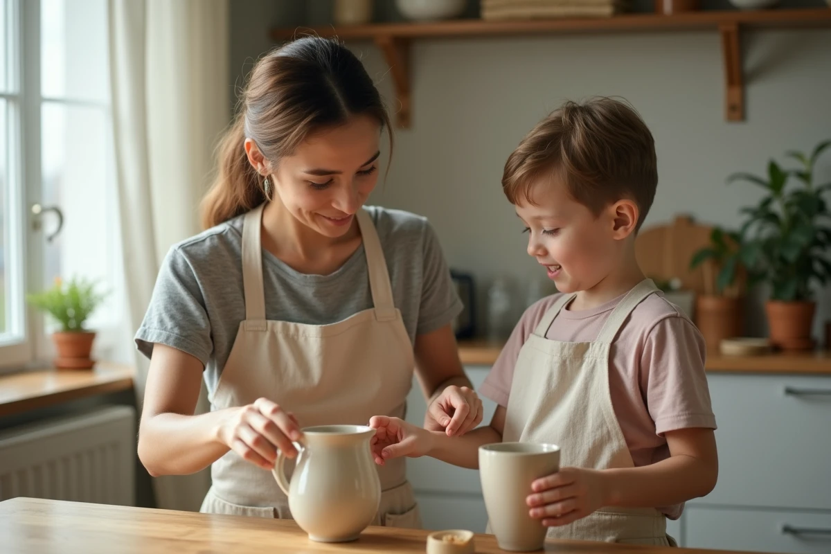 Mère apprenant à son enfant à bien positionner un verre sur la table dans une cuisine familiale chaleureuse