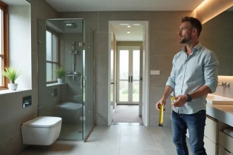 Architecte vérifiant les mesures dans une salle de bain moderne