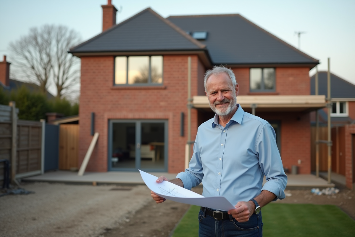 Architecte en extérieur examine des plans devant une extension de maison