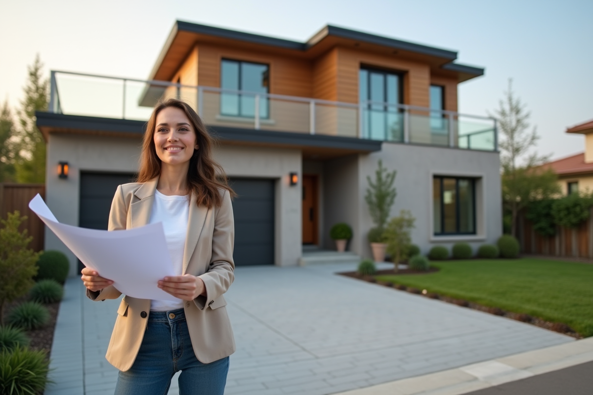 Jeune femme architecte devant maison moderne renovée