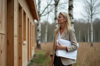 Architecte inspectant les panneaux en bois recyclé d'une maison modulaire écologique sur un chantier rural