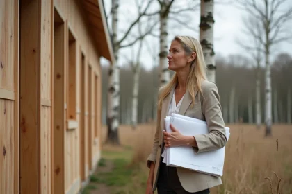 Architecte inspectant les panneaux en bois recyclé d'une maison modulaire écologique sur un chantier rural