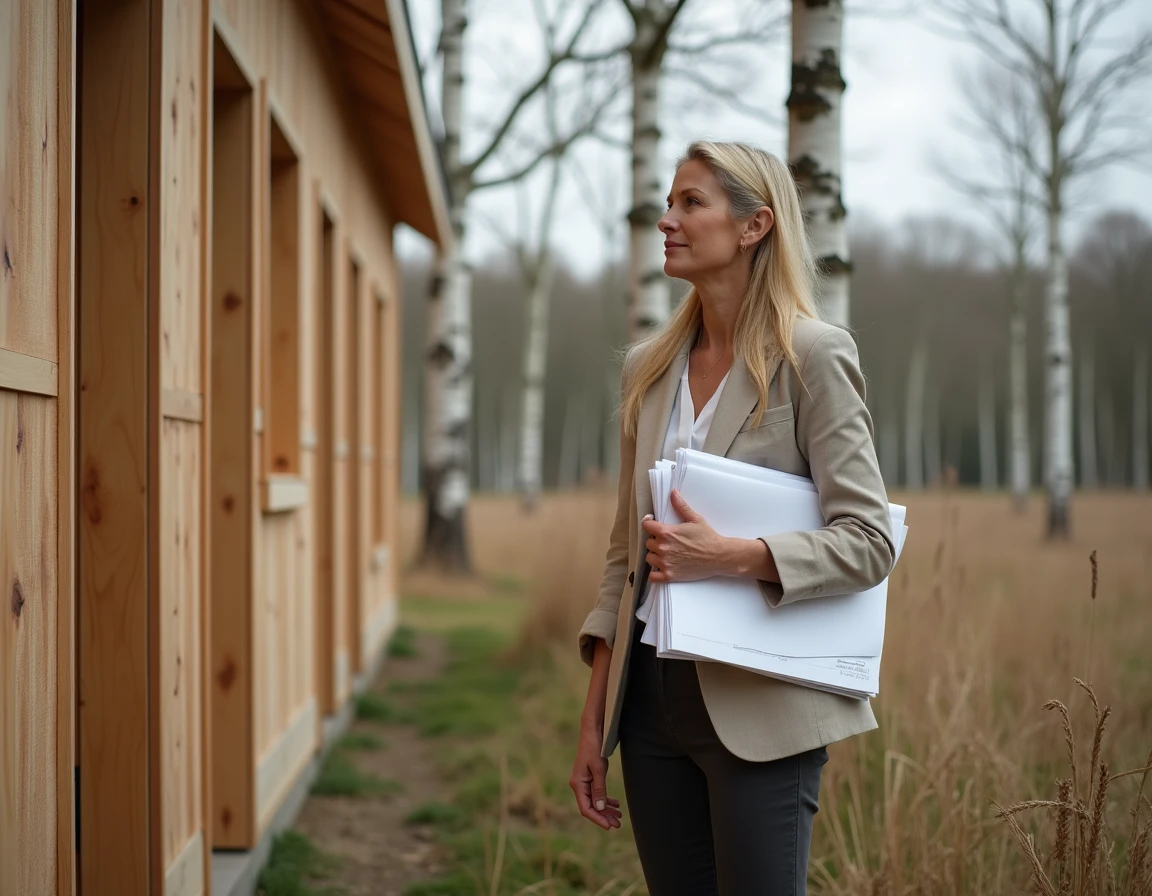 Architecte inspectant les panneaux en bois recyclé d'une maison modulaire écologique sur un chantier rural