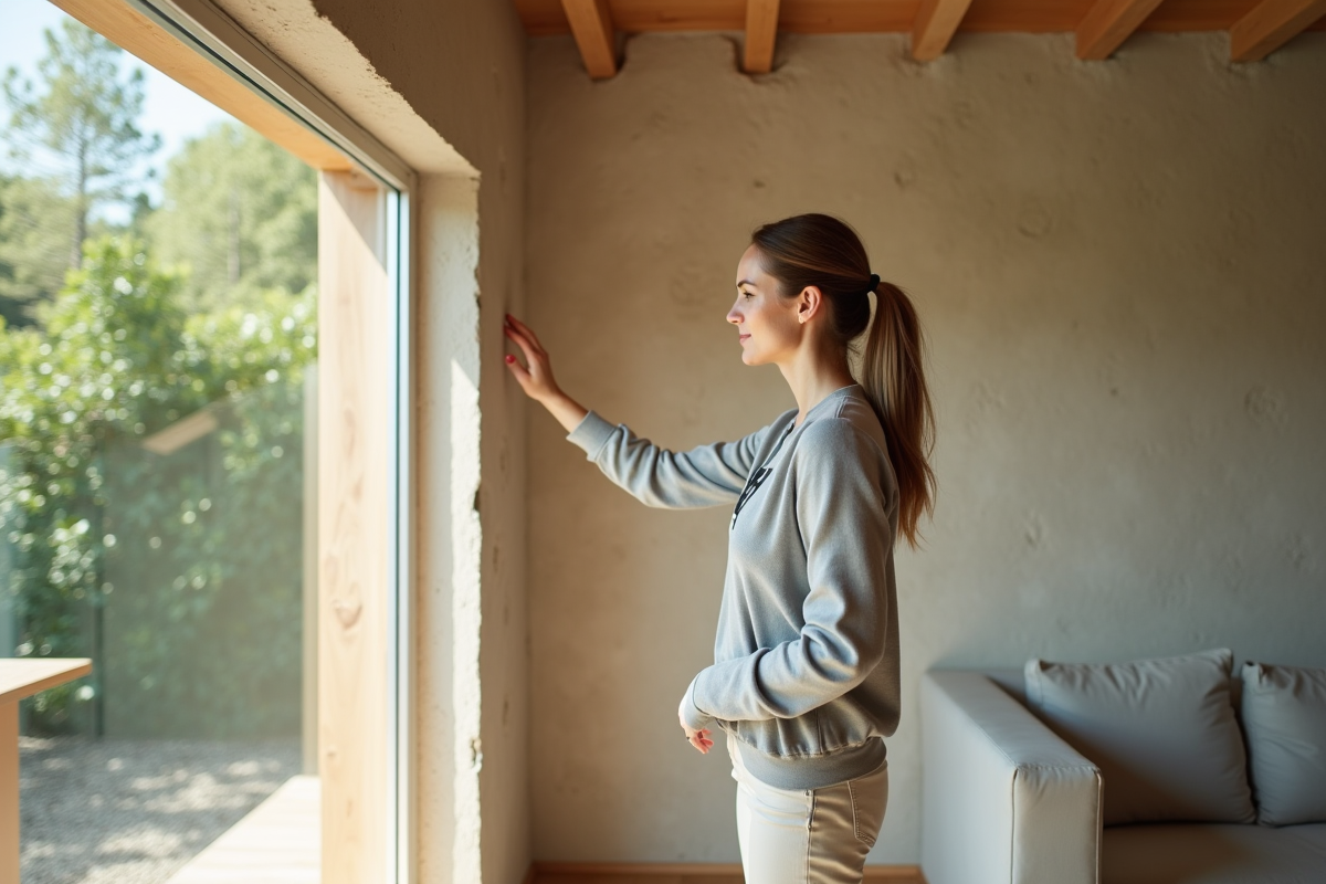 Jeune architecte inspectant un mur en chanvre lime dans un salon lumineux