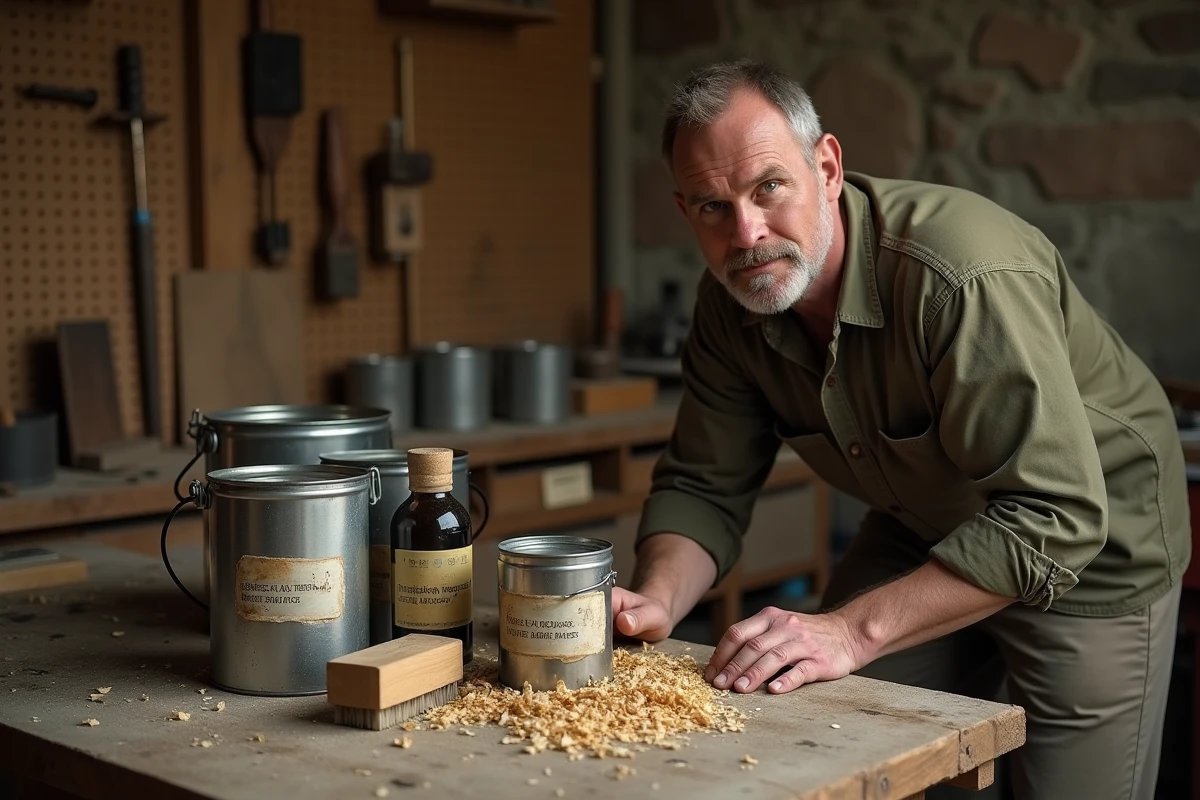 Artisan examinant des produits d'huile de lin et de finition bois sur un établi d'atelier, comparaison des étiquettes et solvants