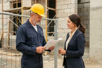 Artisan en uniforme discutant d'un contrat de chantier avec un client devant un chantier de construction sécurisé