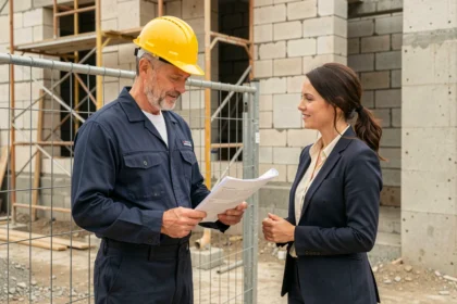 Artisan en uniforme discutant d'un contrat de chantier avec un client devant un chantier de construction sécurisé