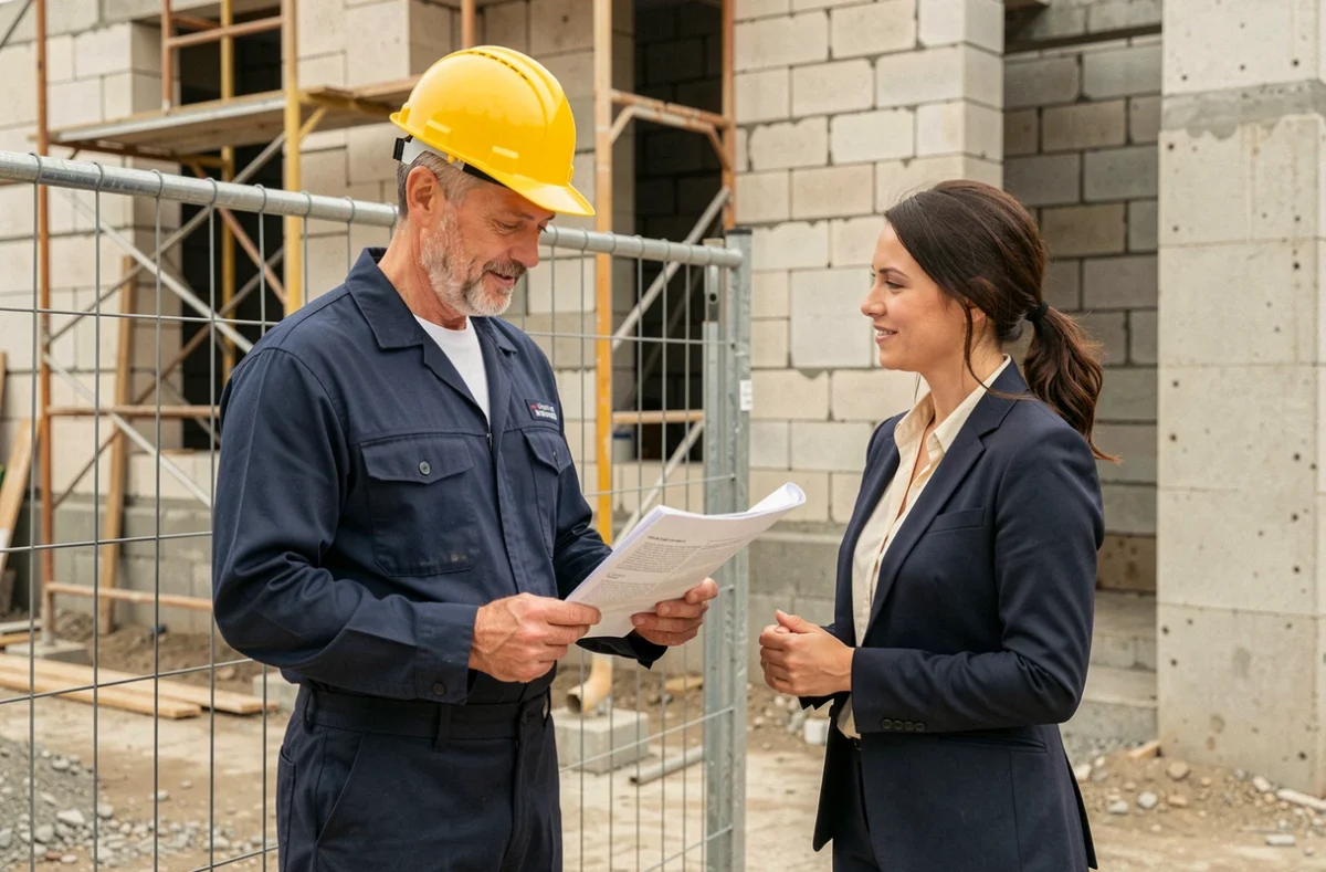 Artisan en uniforme discutant d'un contrat de chantier avec un client devant un chantier de construction sécurisé