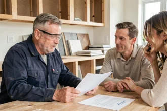Artisan et couple de propriétaires examinant un devis de travaux sur papier dans une cuisine en rénovation