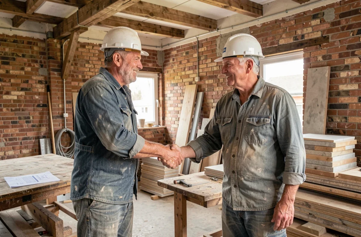 Deux artisans du bâtiment se serrant la main après la signature d'un accord de chantier dans un espace en rénovation