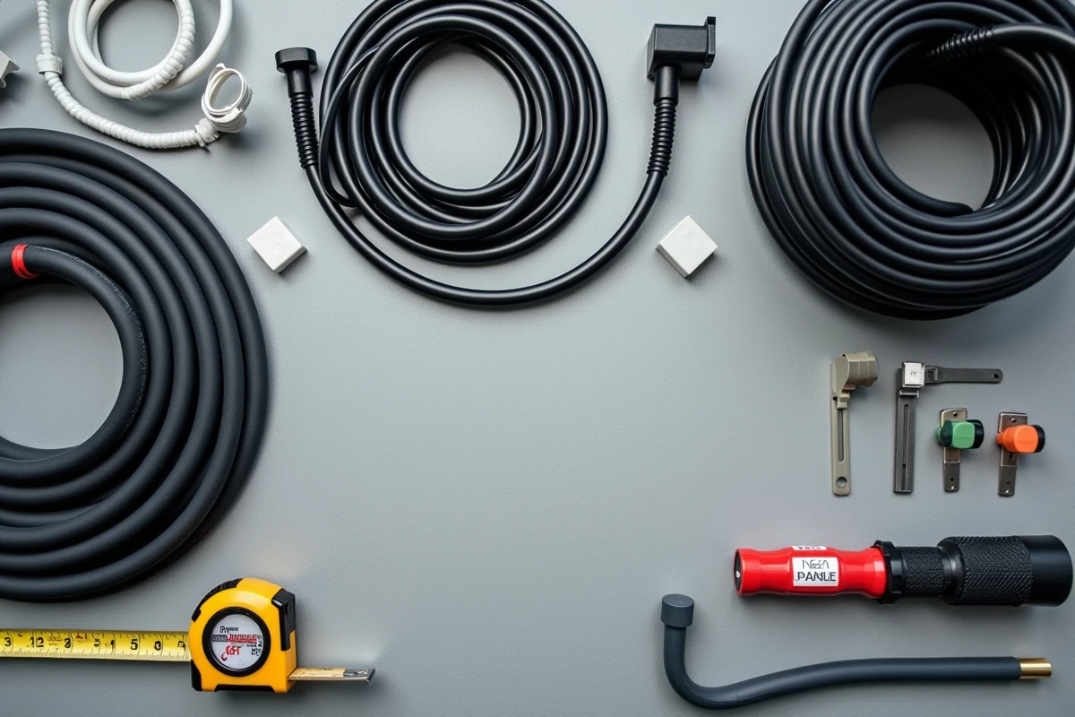 Assortiment de protections pour câbles électriques bon marché sur un établi : gaines, clips, goulottes et tresse spirale