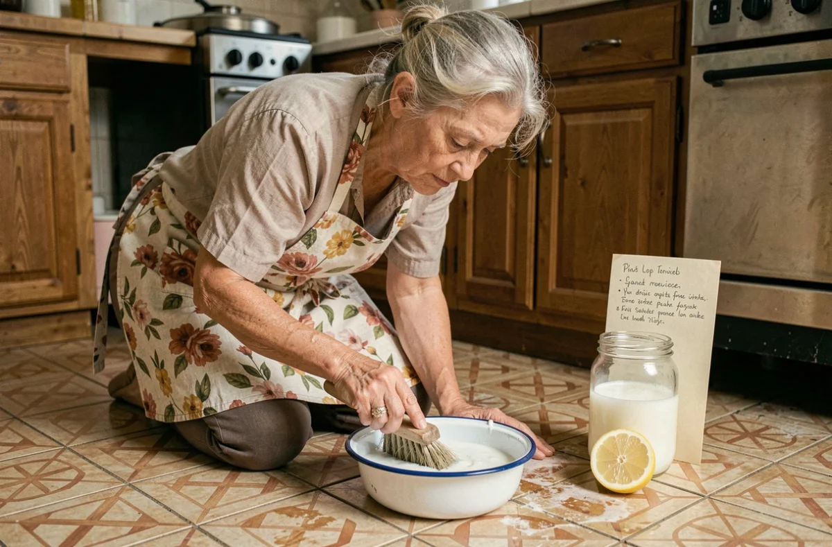 Grand-mère nettoyant un sol en lino avec une brosse naturelle et du vinaigre blanc dans une cuisine ancienne