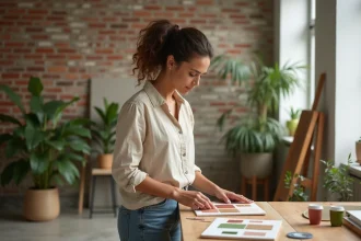 Femme examinant des échantillons de couleurs naturelles dans un atelier écologique