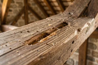 Trous de sortie ovales caractéristiques d'une attaque de capricorne des maisons sur une poutre en chêne ancien avec sciure fine autour des galeries