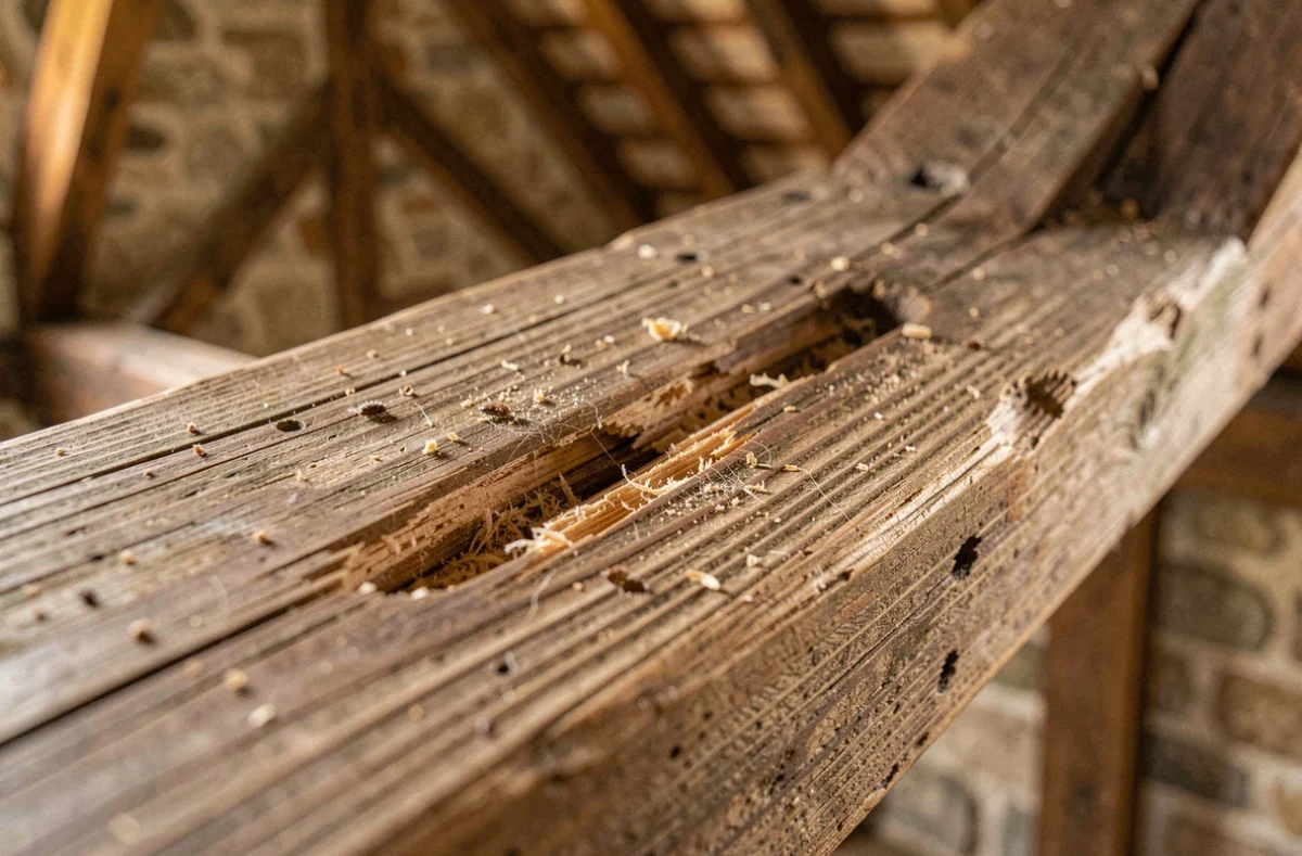Trous de sortie ovales caractéristiques d'une attaque de capricorne des maisons sur une poutre en chêne ancien avec sciure fine autour des galeries