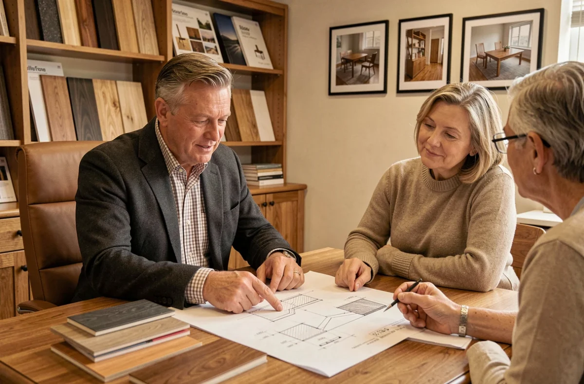 Menuisier conseil de L'Avis du Menuisier présentant des échantillons de bois et des plans à un couple de clients