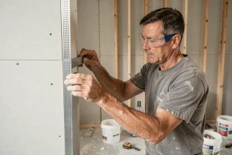 Ouvrier appliquant une bande armée métallique sur un angle de cloison en placo dans un chantier de rénovation intérieure