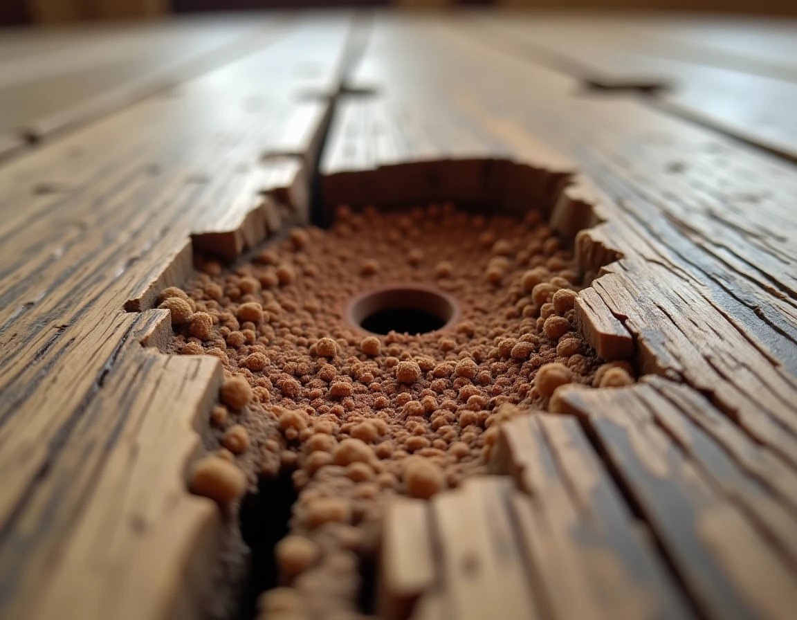 Détail de parquet en bois endommagé par des mites xylophages avec galeries et sciure visible
