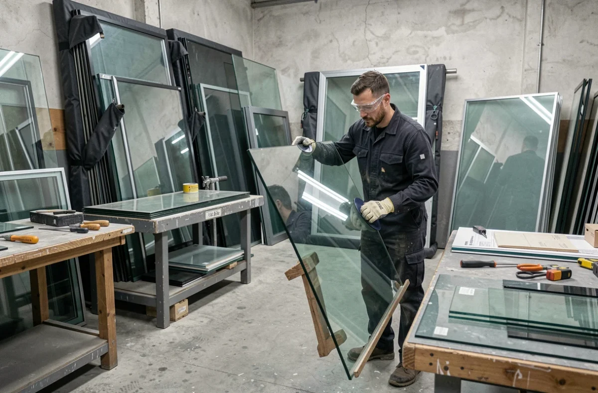 Vitrier de Brunet Vitrerie manipulant une grande plaque de verre trempé avec des ventouses professionnelles dans un atelier de vitrerie