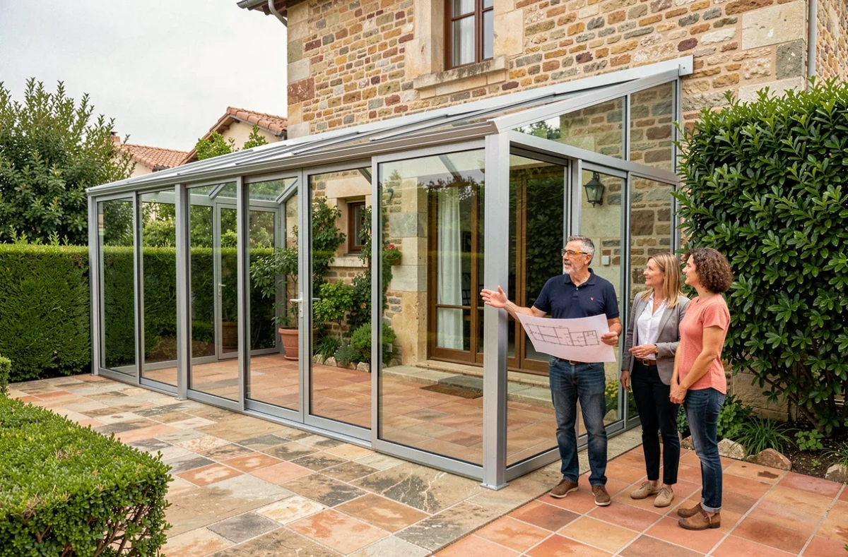Entrepreneur Bruno Sastre présentant une véranda en aluminium et verre installée sur une maison toulousaine à un couple de propriétaires