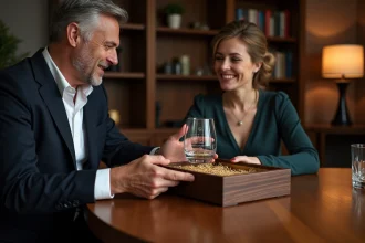 Homme en blazer présente un coffret whisky à une femme élégante