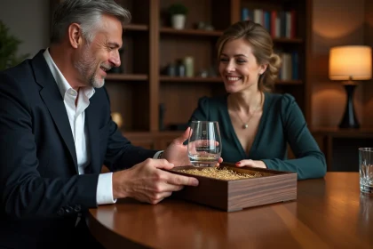 Homme en blazer pr&eacute;sente un coffret whisky &agrave; une femme &eacute;l&eacute;gante