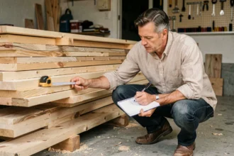 Homme mesurant des planches de bois avec un mètre ruban pour calculer un volume en mètres cubes dans un atelier de rénovation