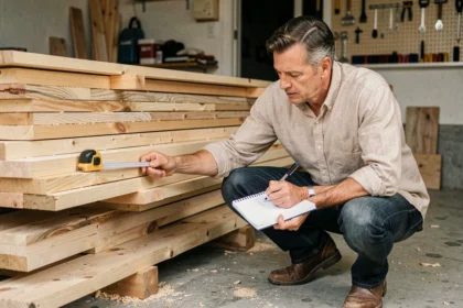 Homme mesurant des planches de bois avec un mètre ruban pour calculer un volume en mètres cubes dans un atelier de rénovation