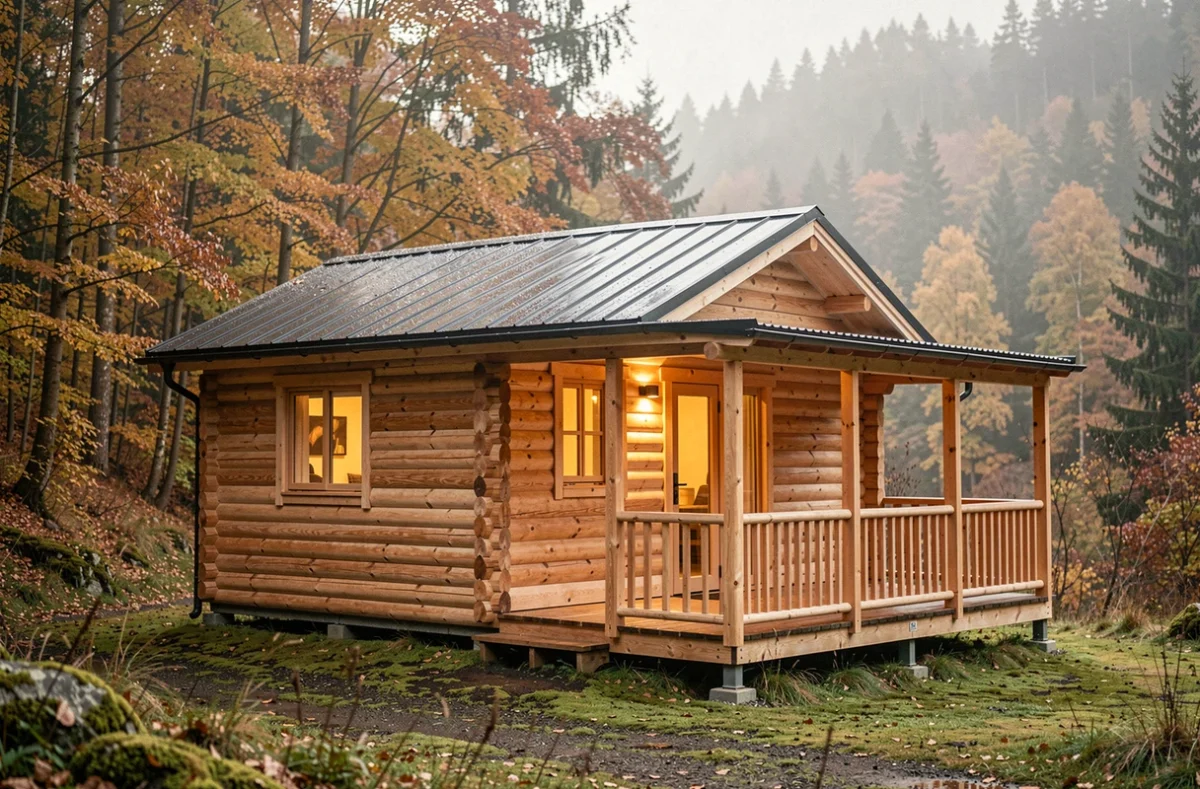 Chalet en bois habitable de 80m2 livré monté en forêt de montagne, vue extérieure façade avec terrasse couverte
