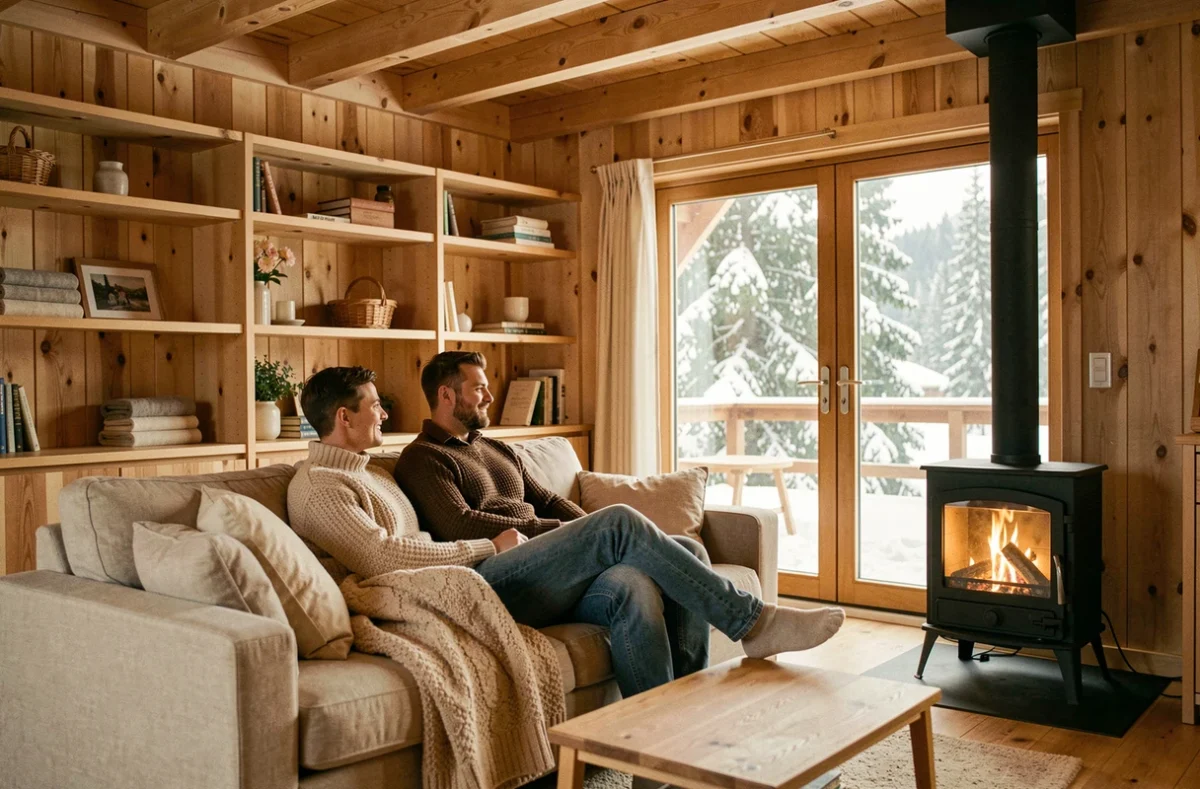 Intérieur cosy d'un chalet en bois habitable 80m2 avec couple installé au salon, poêle à bois et poutres apparentes