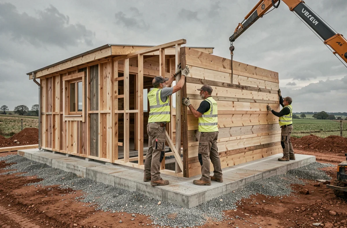 Montage d'un chalet en bois habitable 80m2 livré monté sur terrain rural, ouvriers posant les panneaux préfabriqués