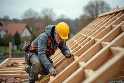 Charpentier professionnel inspectant la structure en bois d'une toiture de maison individuelle de 100m2 en chantier
