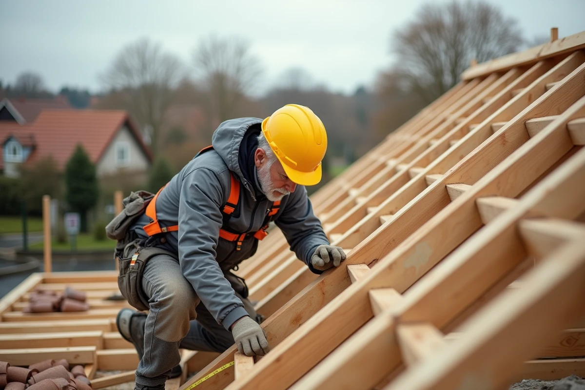 Charpentier professionnel inspectant la structure en bois d'une toiture de maison individuelle de 100m2 en chantier