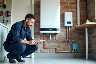 Technicien inspectant une chaudière électrique murale connectée à un circuit de chauffage central dans une chaufferie résidentielle moderne