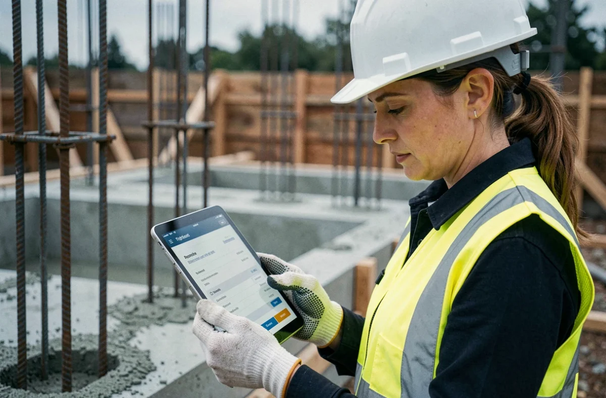Chef de chantier vérifiant un paiement sécurisé sur tablette au milieu d'un chantier de construction