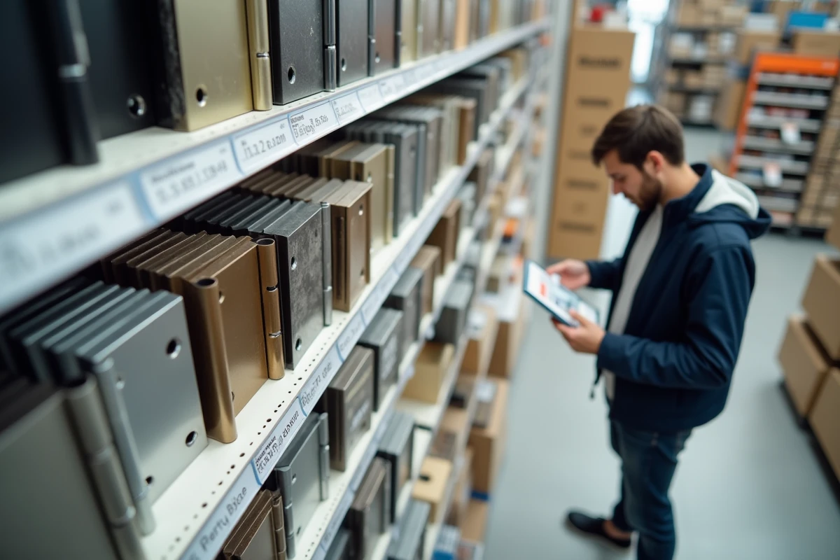 Rayon de quincaillerie présentant un assortiment de gonds pour porte en différents matériaux et finitions