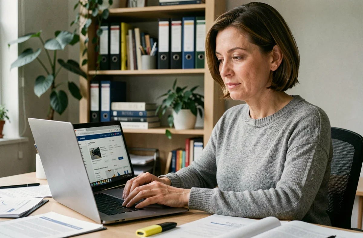 Femme comparant des devis d'artisans en ligne sur un ordinateur portable dans un bureau à domicile