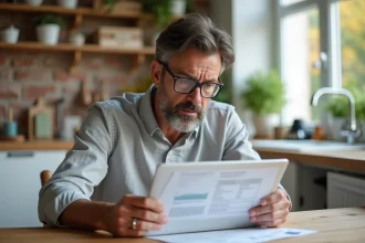Un homme belge d'une quarantaine d'années compare des devis de rénovation sur ordinateur portable et documents papier dans une cuisine moderne