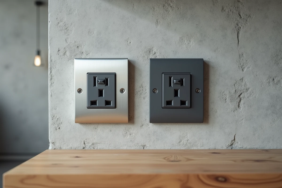Comparaison finition aluminium brossé et anthracite mat sur deux prises double Legrand dans une cuisine loft