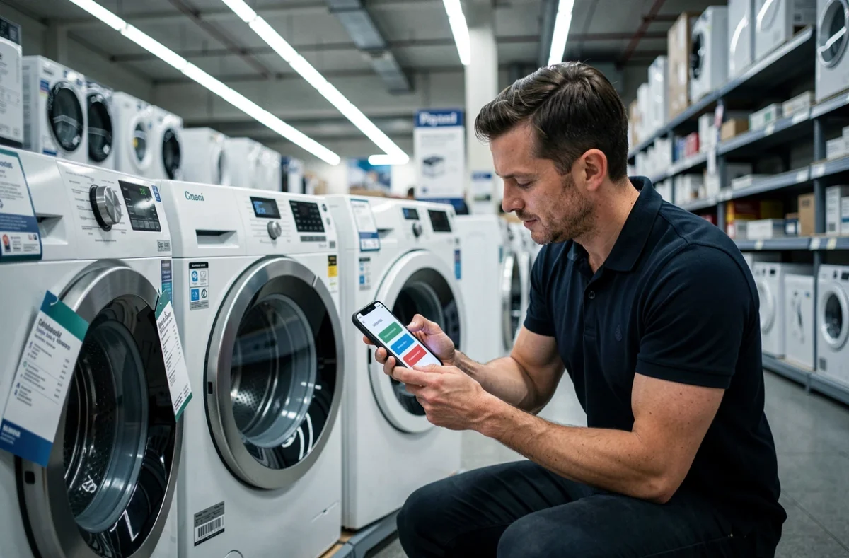Homme comparant deux lave-linges dans un magasin d'électroménager pour choisir le bon modèle Valberg