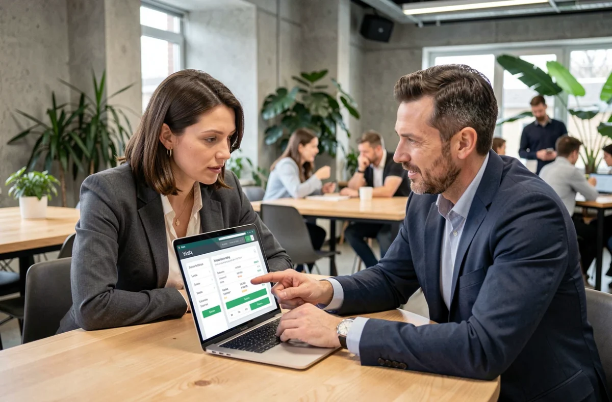 Deux collègues comparant les options tarifaires d'une application mobile dans un espace de coworking